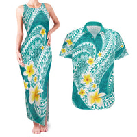 Plumeria Polynesian Teal Glitter Pattern Couples Matching Tank Maxi Dress and Hawaiian Shirt