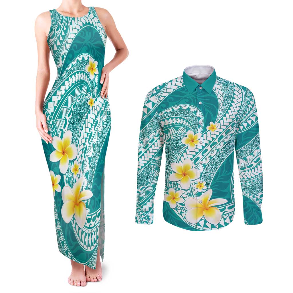 Plumeria Polynesian Teal Glitter Pattern Couples Matching Tank Maxi Dress and Long Sleeve Button Shirt