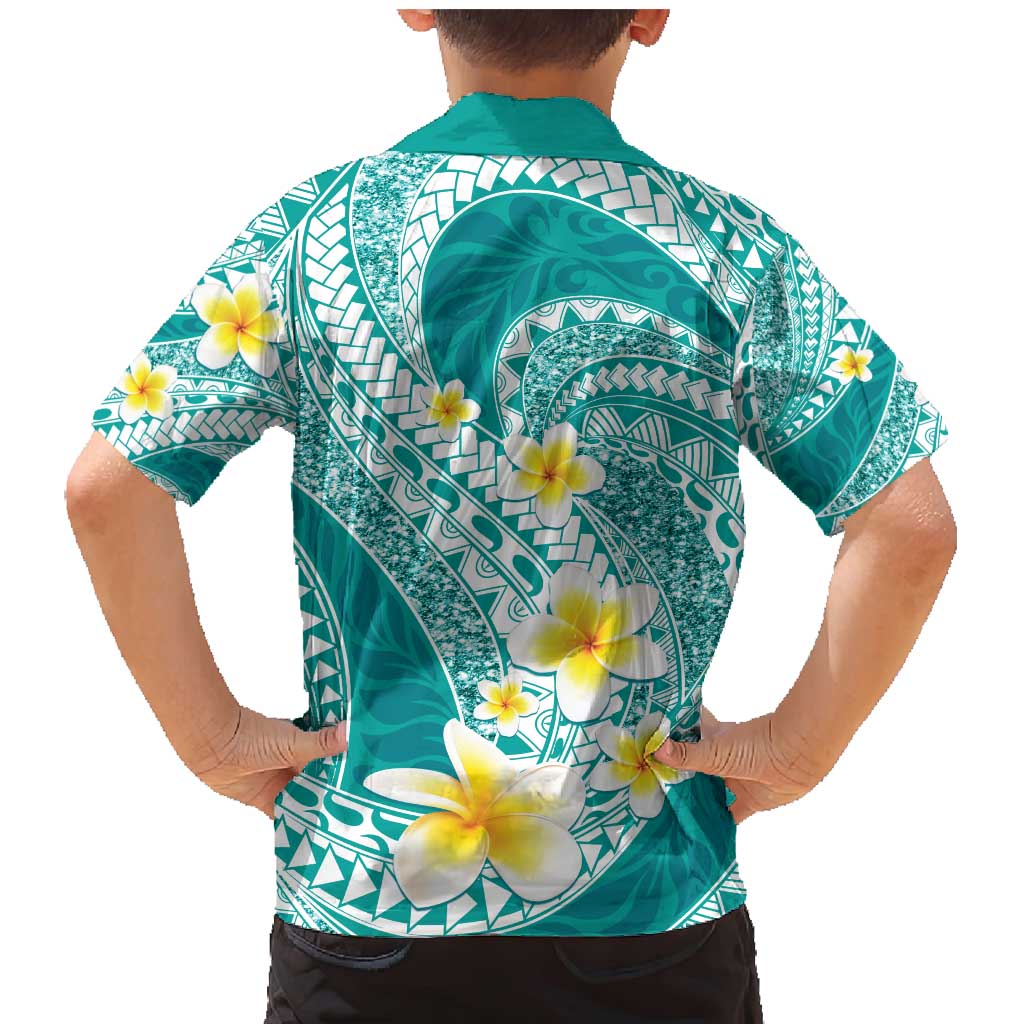 Plumeria Polynesian Teal Glitter Pattern Family Matching Mermaid Dress and Hawaiian Shirt