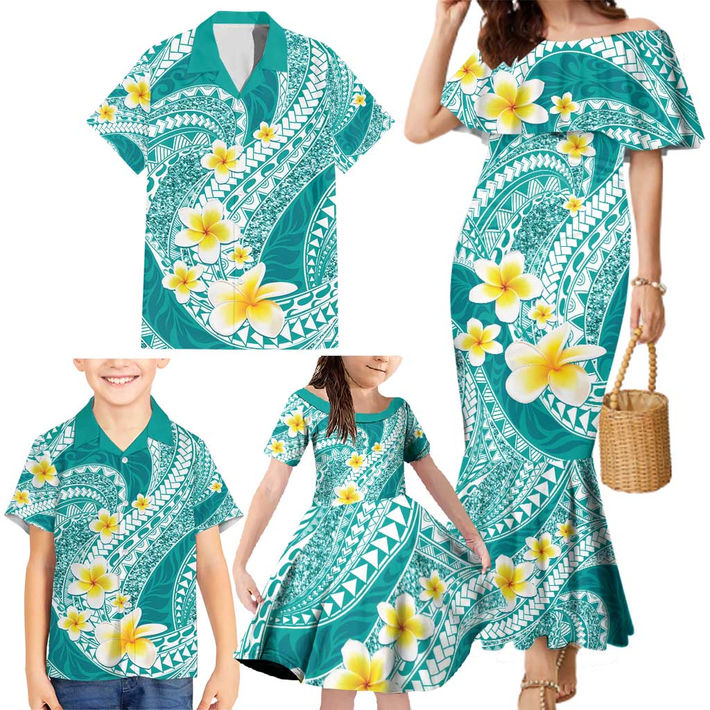 Plumeria Polynesian Teal Glitter Pattern Family Matching Mermaid Dress and Hawaiian Shirt