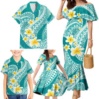 Plumeria Polynesian Teal Glitter Pattern Family Matching Mermaid Dress and Hawaiian Shirt