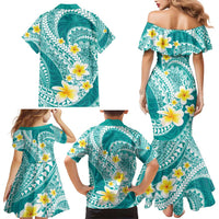Plumeria Polynesian Teal Glitter Pattern Family Matching Mermaid Dress and Hawaiian Shirt