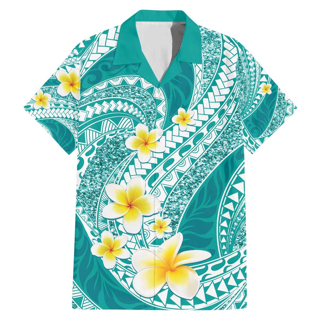 Plumeria Polynesian Teal Glitter Pattern Family Matching Mermaid Dress and Hawaiian Shirt