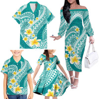 Plumeria Polynesian Teal Glitter Pattern Family Matching Off The Shoulder Long Sleeve Dress and Hawaiian Shirt