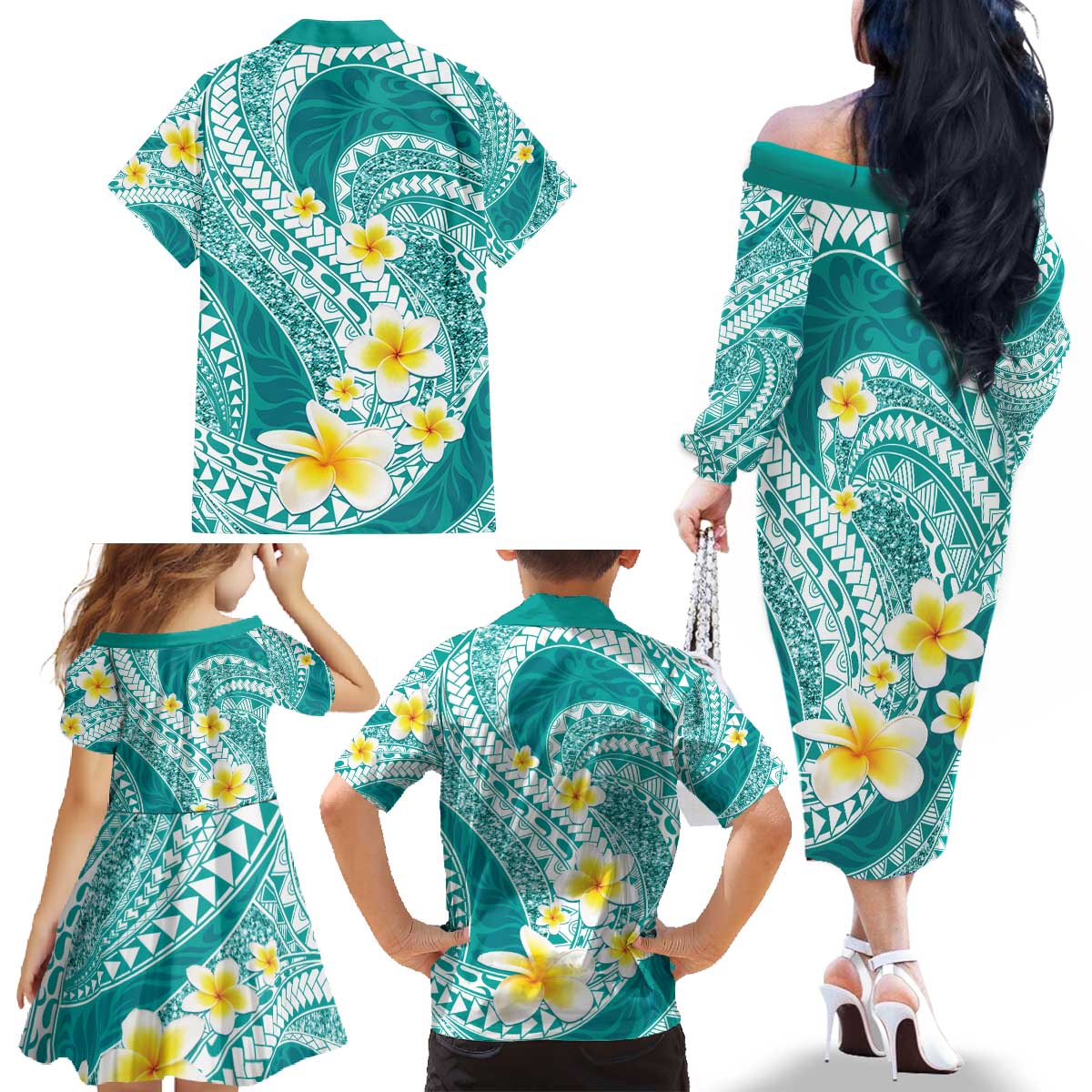 Plumeria Polynesian Teal Glitter Pattern Family Matching Off The Shoulder Long Sleeve Dress and Hawaiian Shirt