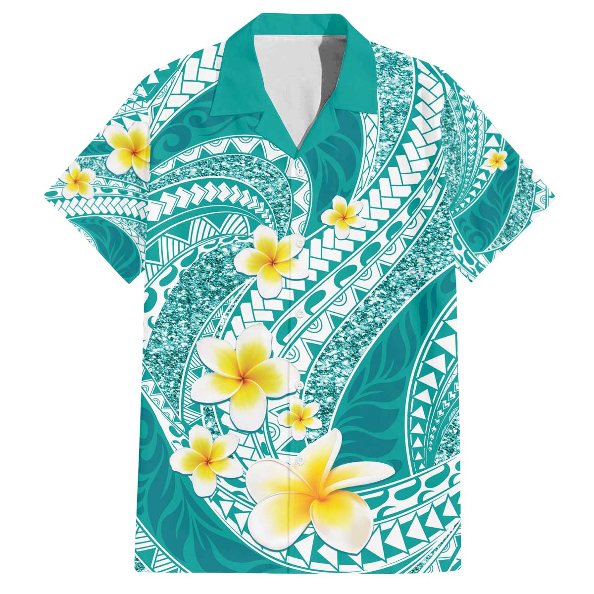 Plumeria Polynesian Teal Glitter Pattern Family Matching Off The Shoulder Long Sleeve Dress and Hawaiian Shirt