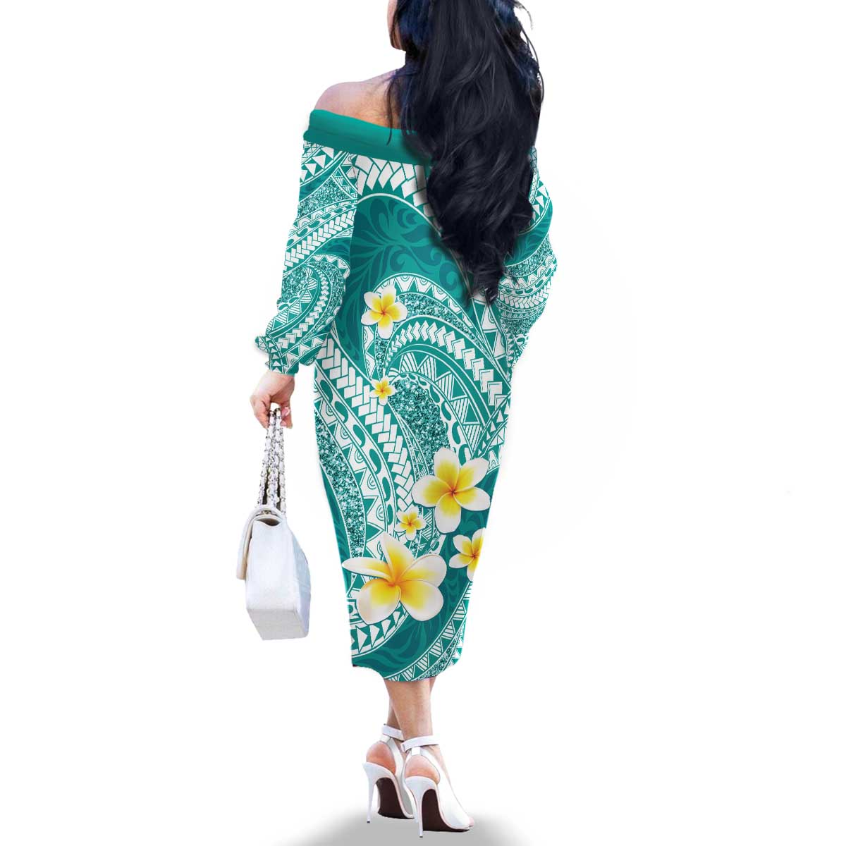 Plumeria Polynesian Teal Glitter Pattern Family Matching Off The Shoulder Long Sleeve Dress and Hawaiian Shirt