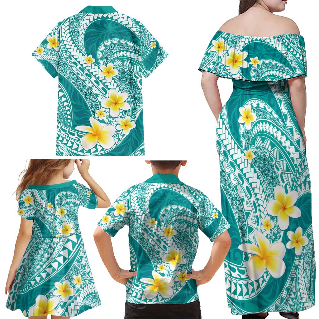 Plumeria Polynesian Teal Glitter Pattern Family Matching Off Shoulder Maxi Dress and Hawaiian Shirt