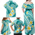 Plumeria Polynesian Teal Glitter Pattern Family Matching Off Shoulder Maxi Dress and Hawaiian Shirt