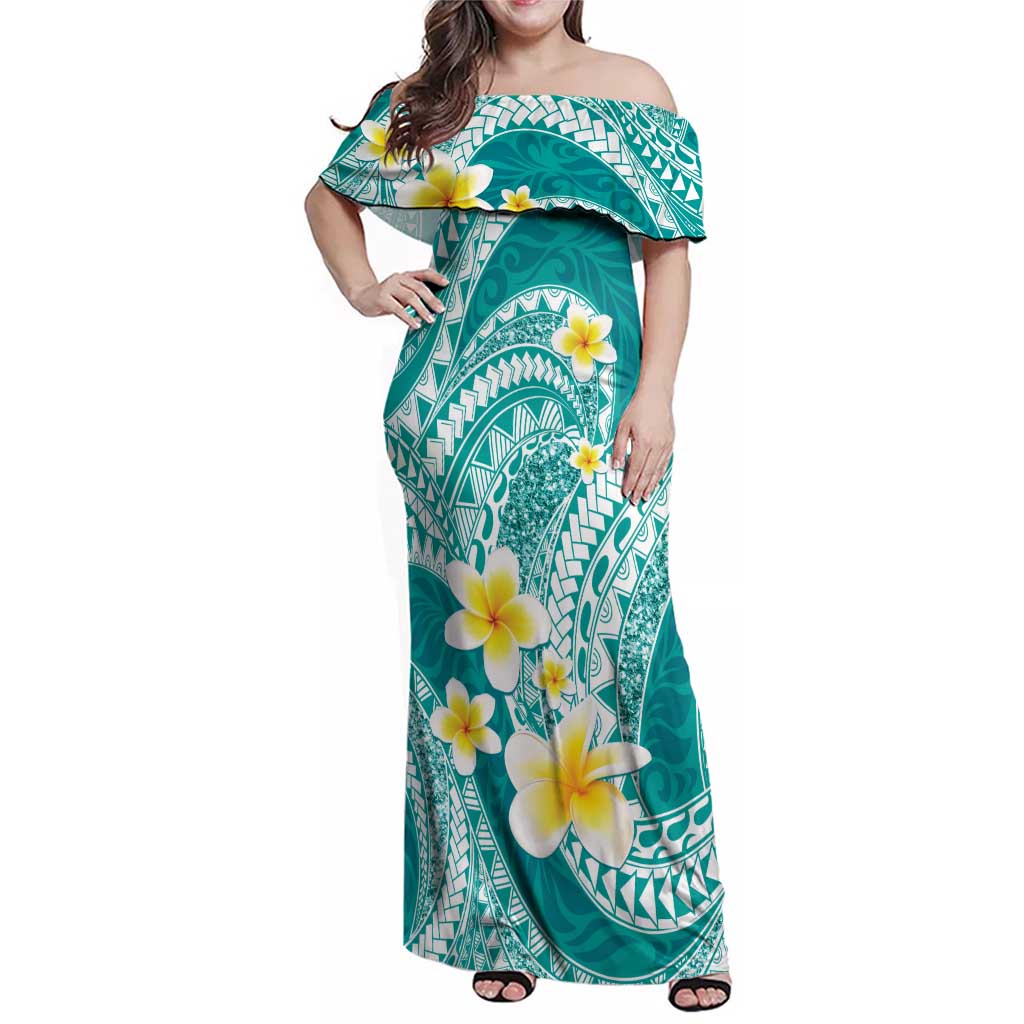 Plumeria Polynesian Teal Glitter Pattern Family Matching Off Shoulder Maxi Dress and Hawaiian Shirt