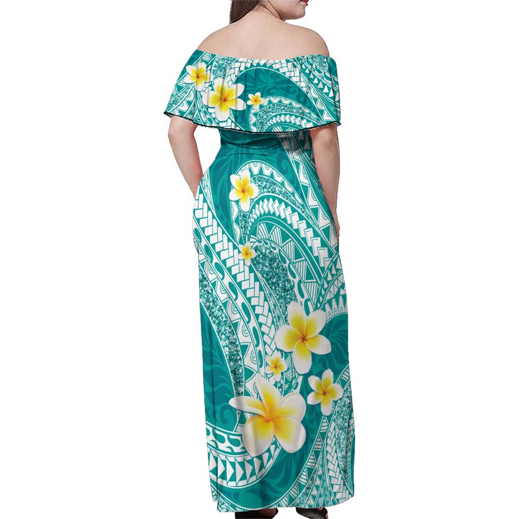 Plumeria Polynesian Teal Glitter Pattern Family Matching Off Shoulder Maxi Dress and Hawaiian Shirt