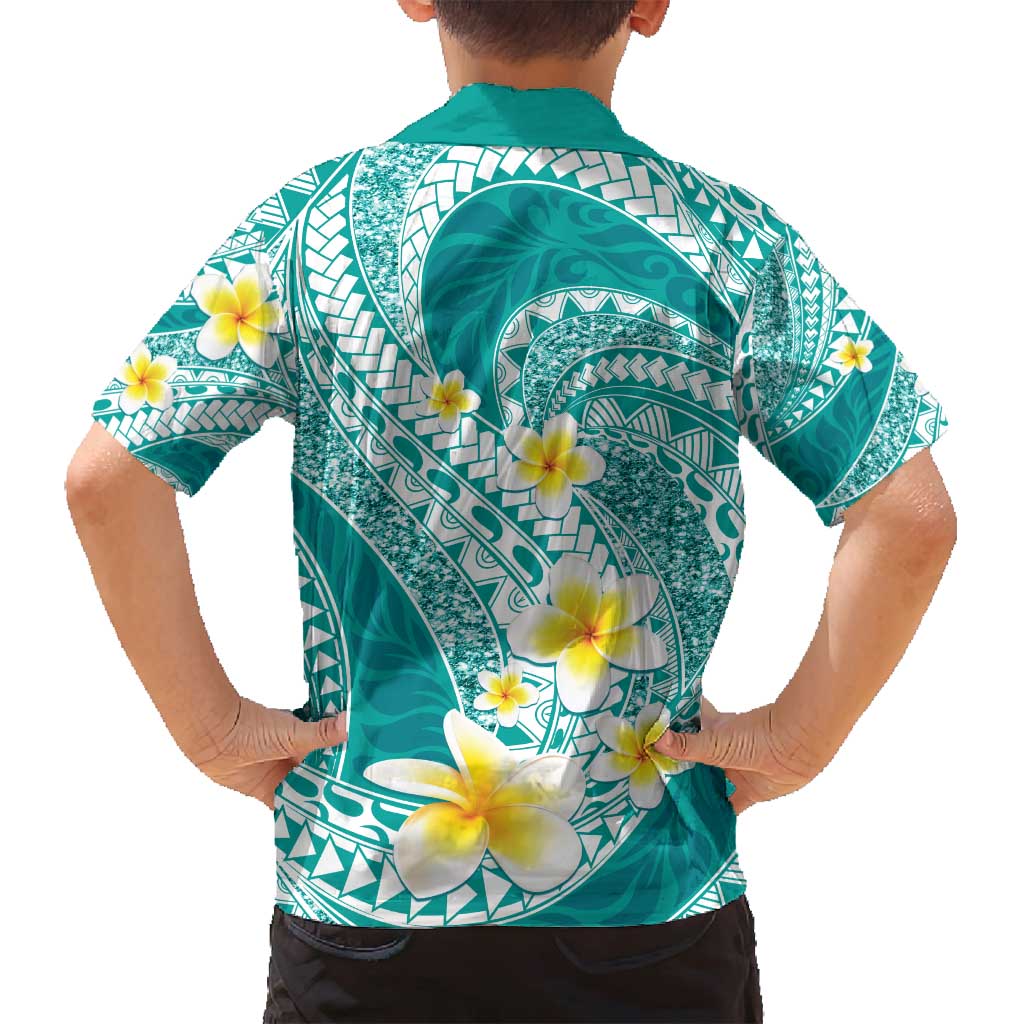 Plumeria Polynesian Teal Glitter Pattern Family Matching Puletasi and Hawaiian Shirt