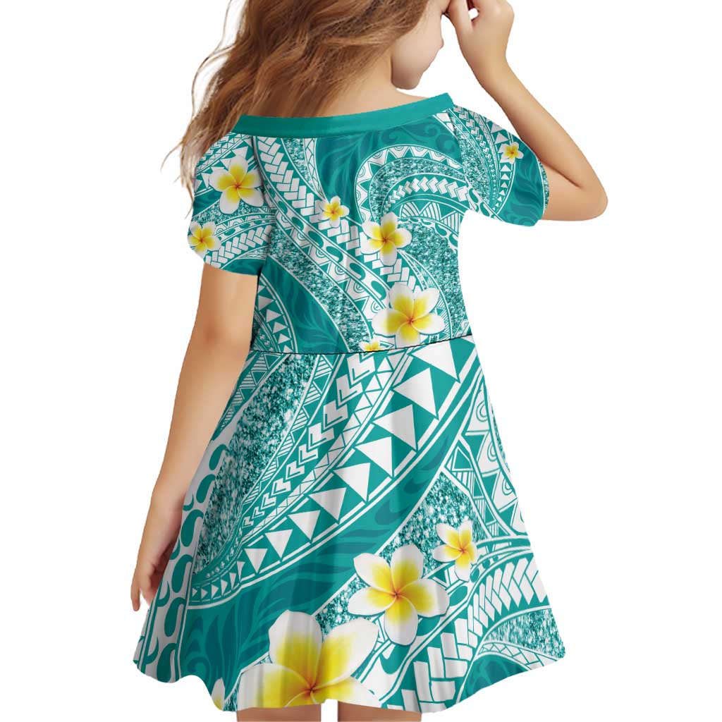 Plumeria Polynesian Teal Glitter Pattern Family Matching Puletasi and Hawaiian Shirt
