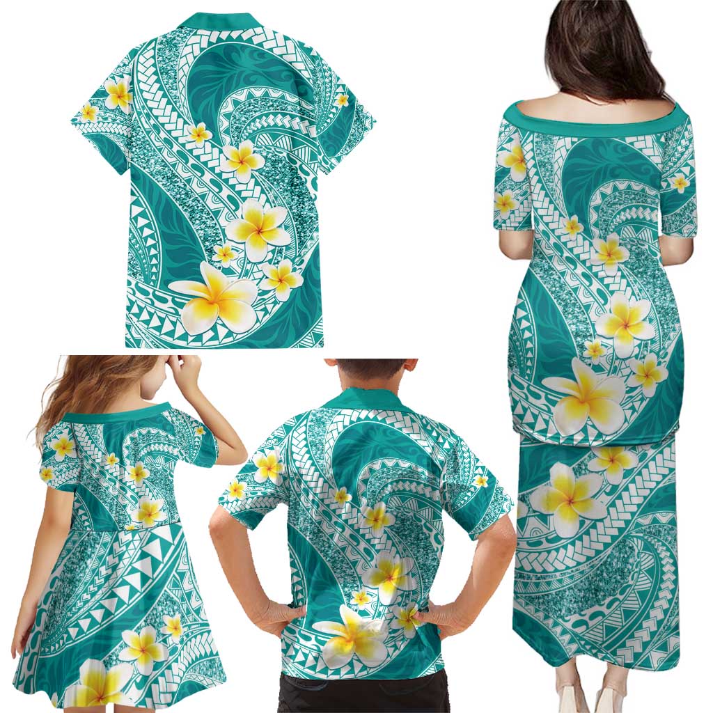 Plumeria Polynesian Teal Glitter Pattern Family Matching Puletasi and Hawaiian Shirt