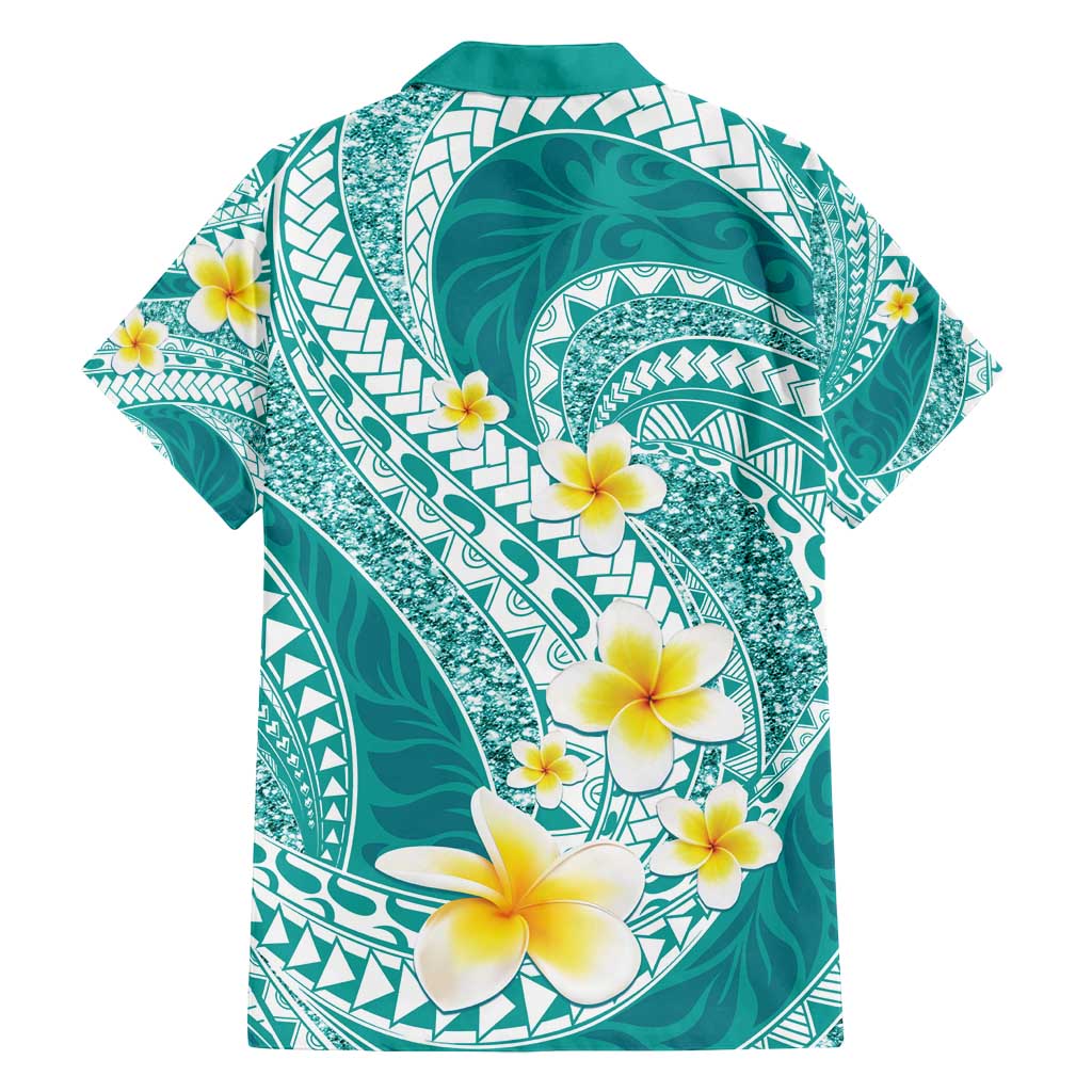 Plumeria Polynesian Teal Glitter Pattern Family Matching Puletasi and Hawaiian Shirt