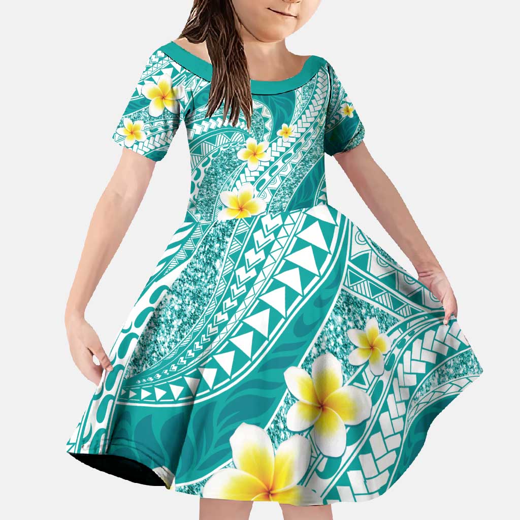 Plumeria Polynesian Teal Glitter Pattern Family Matching Short Sleeve Bodycon Dress and Hawaiian Shirt