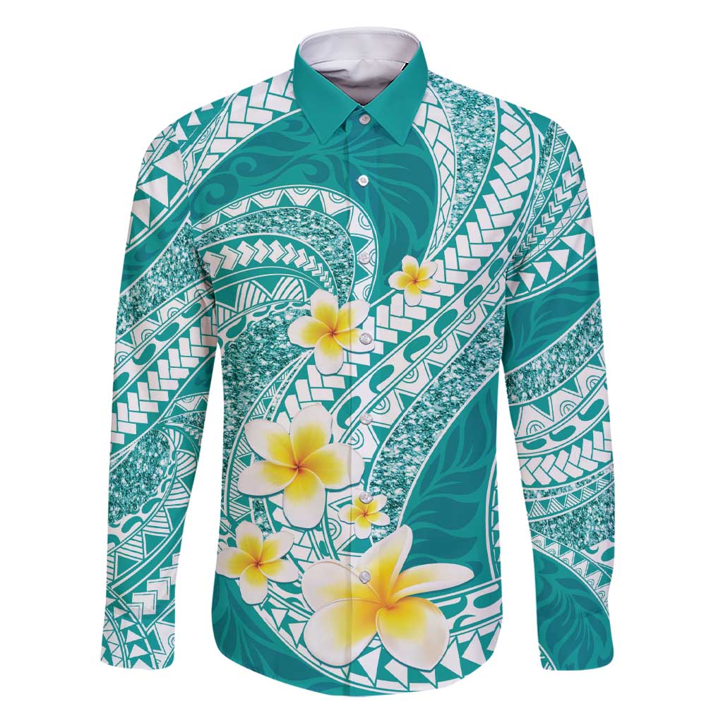 Plumeria Polynesian Teal Glitter Pattern Family Matching Short Sleeve Bodycon Dress and Hawaiian Shirt