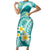 Plumeria Polynesian Teal Glitter Pattern Family Matching Short Sleeve Bodycon Dress and Hawaiian Shirt