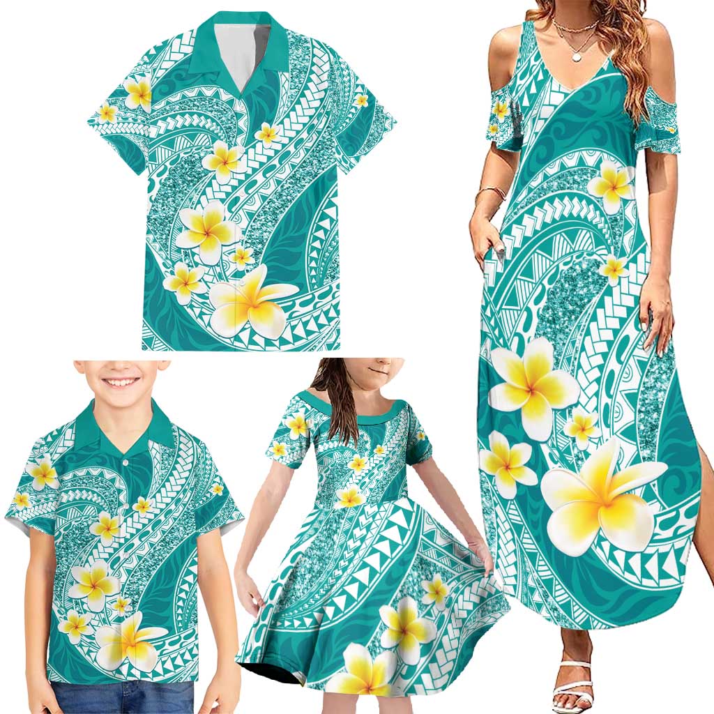 Plumeria Polynesian Teal Glitter Pattern Family Matching Summer Maxi Dress and Hawaiian Shirt