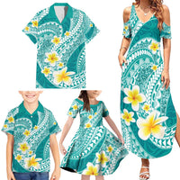 Plumeria Polynesian Teal Glitter Pattern Family Matching Summer Maxi Dress and Hawaiian Shirt