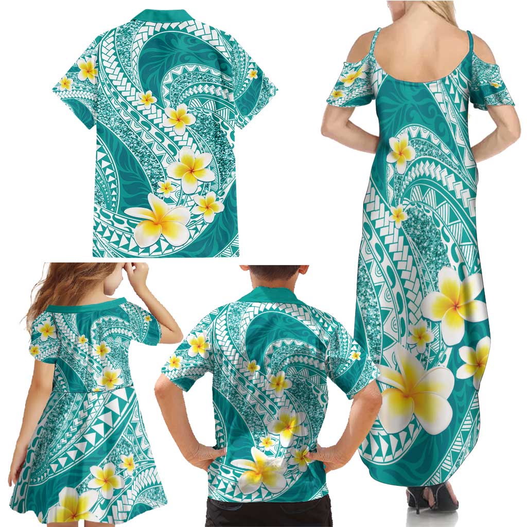 Plumeria Polynesian Teal Glitter Pattern Family Matching Summer Maxi Dress and Hawaiian Shirt