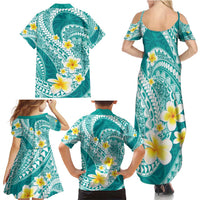 Plumeria Polynesian Teal Glitter Pattern Family Matching Summer Maxi Dress and Hawaiian Shirt