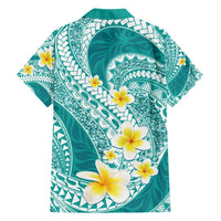 Plumeria Polynesian Teal Glitter Pattern Family Matching Summer Maxi Dress and Hawaiian Shirt