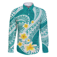 Plumeria Polynesian Teal Glitter Pattern Family Matching Summer Maxi Dress and Hawaiian Shirt