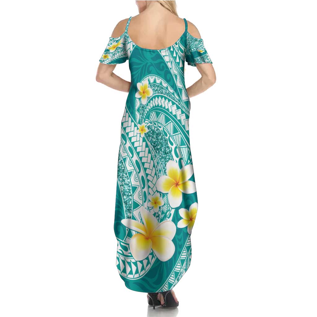 Plumeria Polynesian Teal Glitter Pattern Family Matching Summer Maxi Dress and Hawaiian Shirt