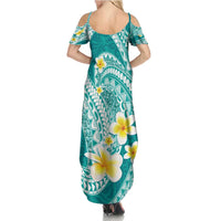 Plumeria Polynesian Teal Glitter Pattern Family Matching Summer Maxi Dress and Hawaiian Shirt