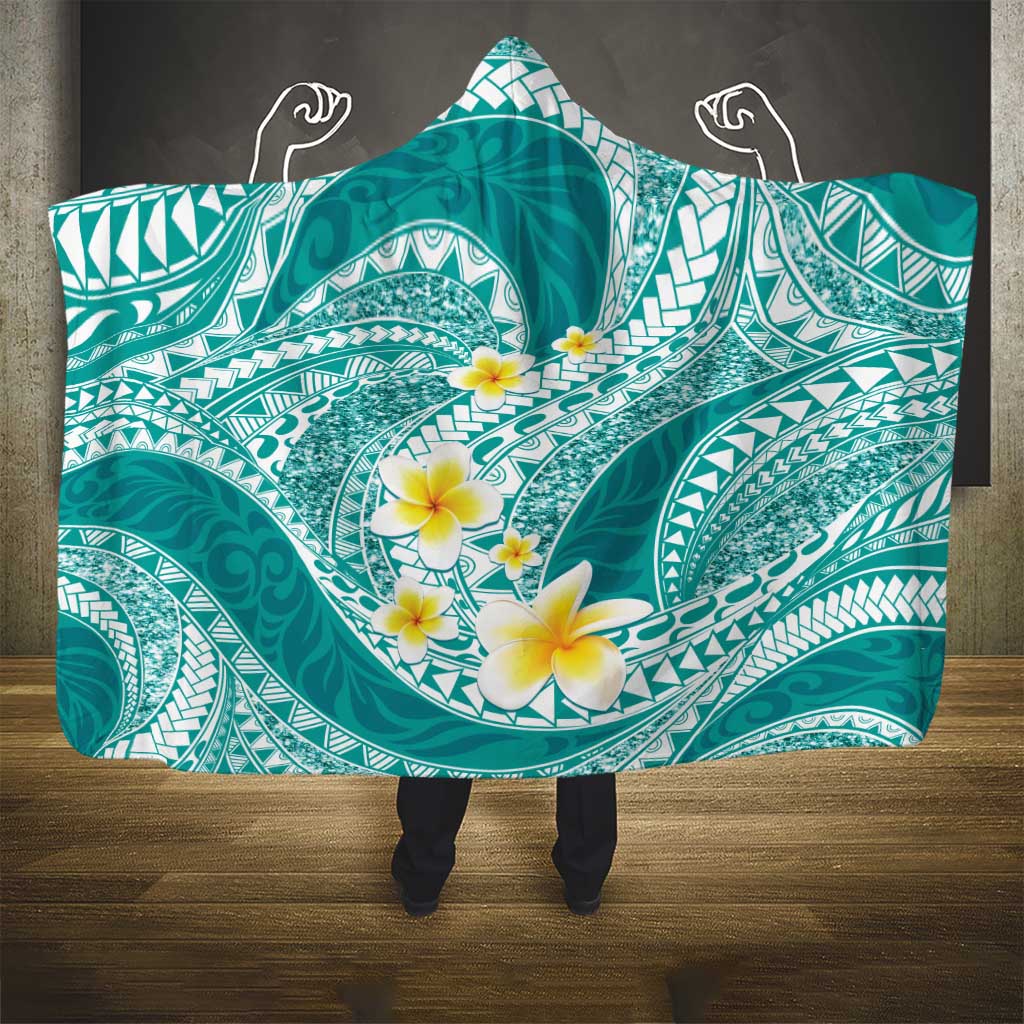 Plumeria Polynesian Teal Glitter Pattern Hooded Blanket