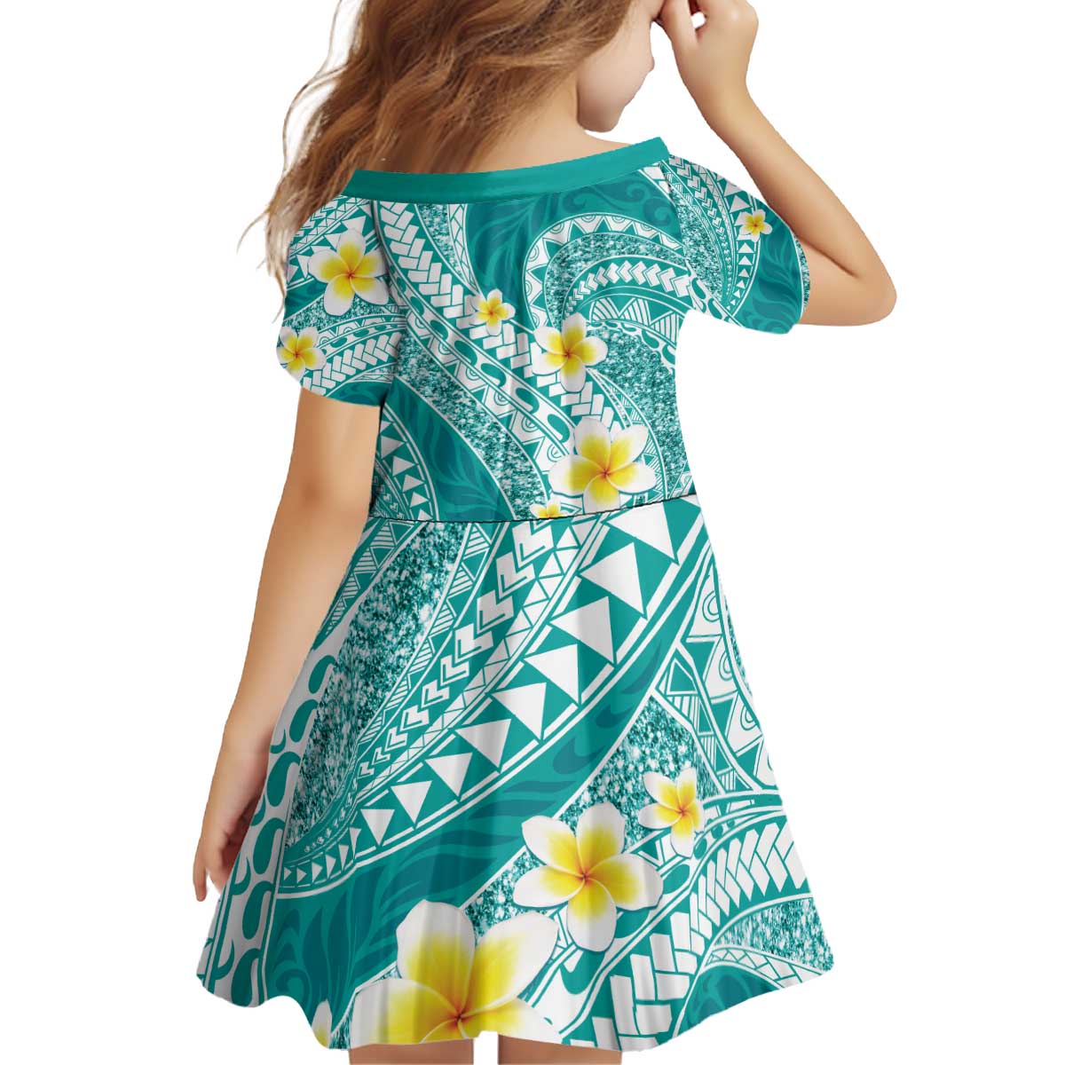 Plumeria Polynesian Teal Glitter Pattern Kid Short Sleeve Dress LT01 - Polynesian Pride