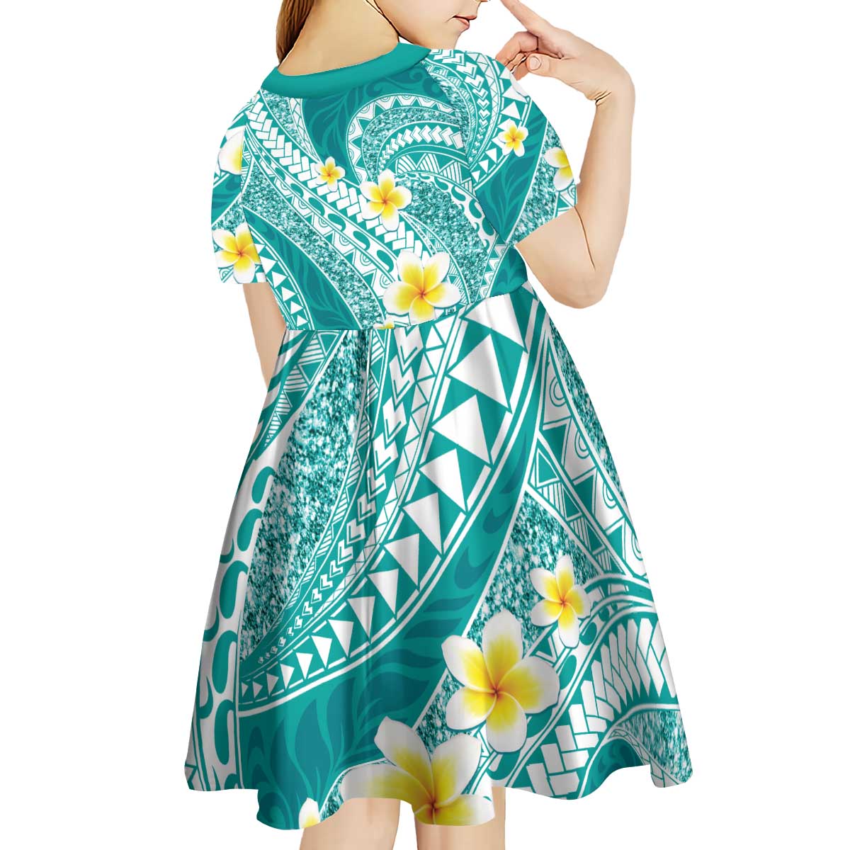 Plumeria Polynesian Teal Glitter Pattern Kid Short Sleeve Dress LT01 - Polynesian Pride