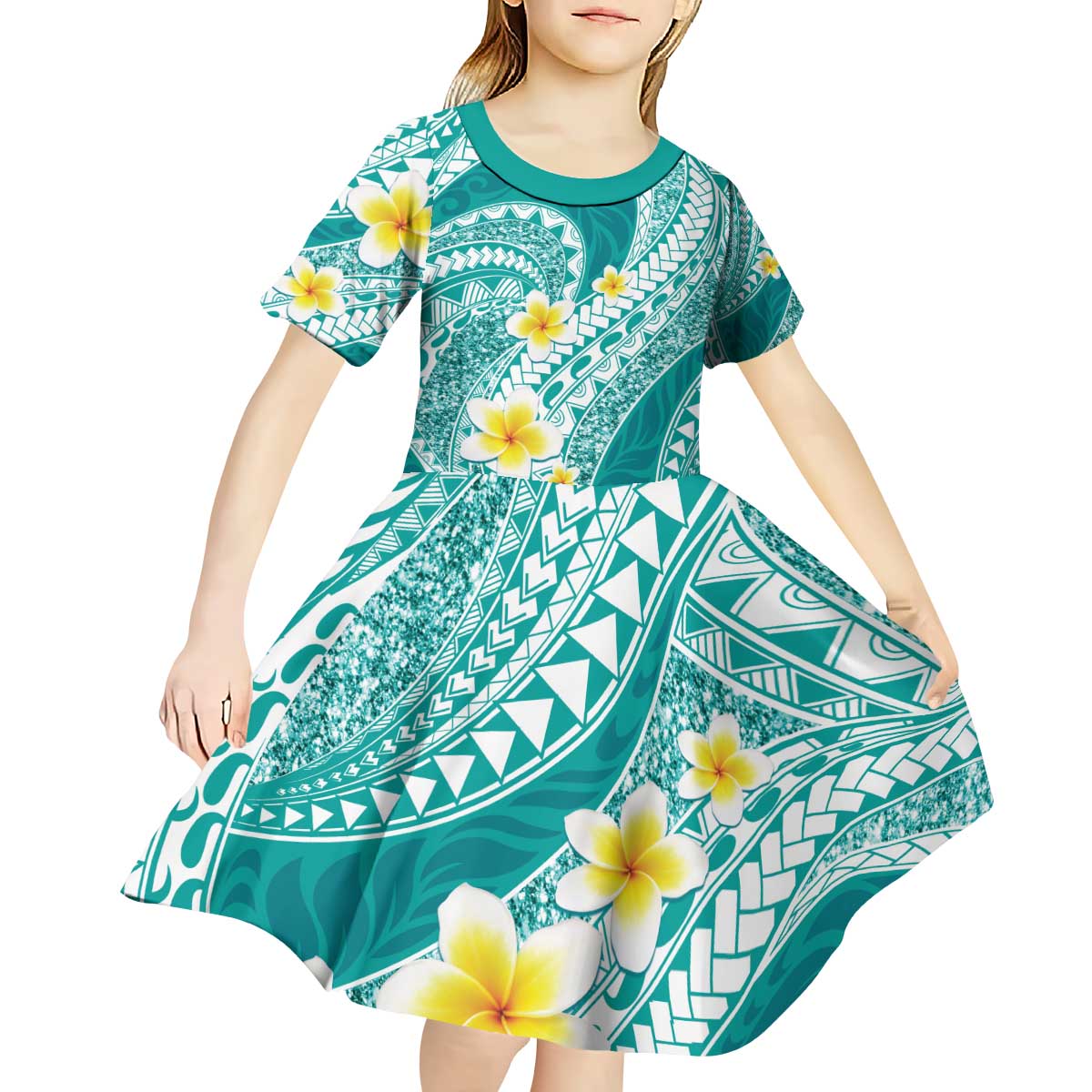 Plumeria Polynesian Teal Glitter Pattern Kid Short Sleeve Dress LT01 - Polynesian Pride
