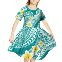 Plumeria Polynesian Teal Glitter Pattern Kid Short Sleeve Dress LT01 - Polynesian Pride