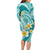 Plumeria Polynesian Teal Glitter Pattern Long Sleeve Bodycon Dress