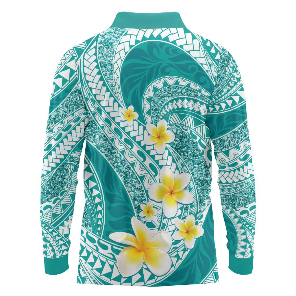Plumeria Polynesian Teal Glitter Pattern Long Sleeve Polo Shirt