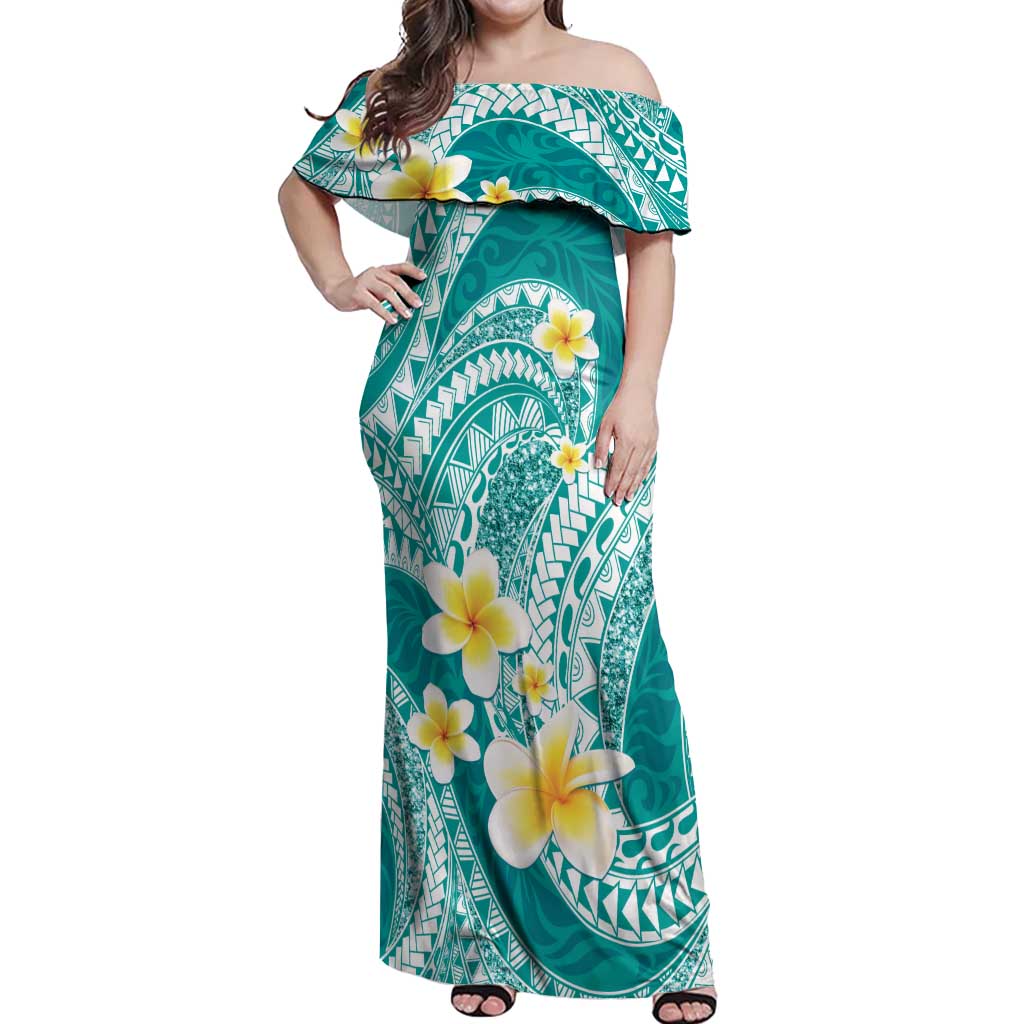 Plumeria Polynesian Teal Glitter Pattern Off Shoulder Maxi Dress