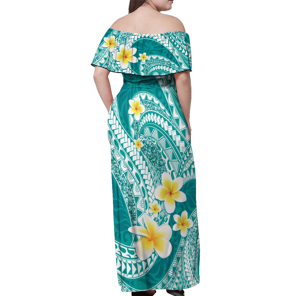 Plumeria Polynesian Teal Glitter Pattern Off Shoulder Maxi Dress