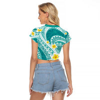 Plumeria Polynesian Teal Glitter Pattern Raglan Cropped T Shirt