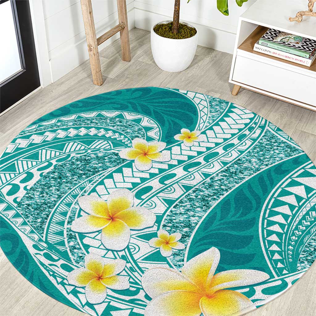 Plumeria Polynesian Teal Glitter Pattern Round Carpet LT01 Teal - Polynesian Pride