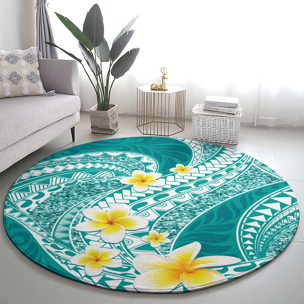 Plumeria Polynesian Teal Glitter Pattern Round Carpet LT01 - Polynesian Pride
