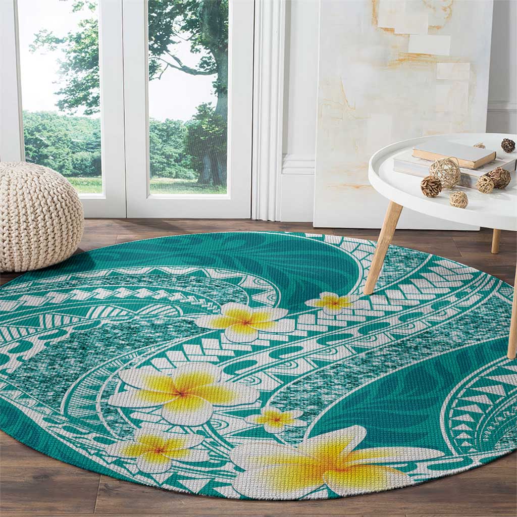 Plumeria Polynesian Teal Glitter Pattern Round Carpet LT01 - Polynesian Pride