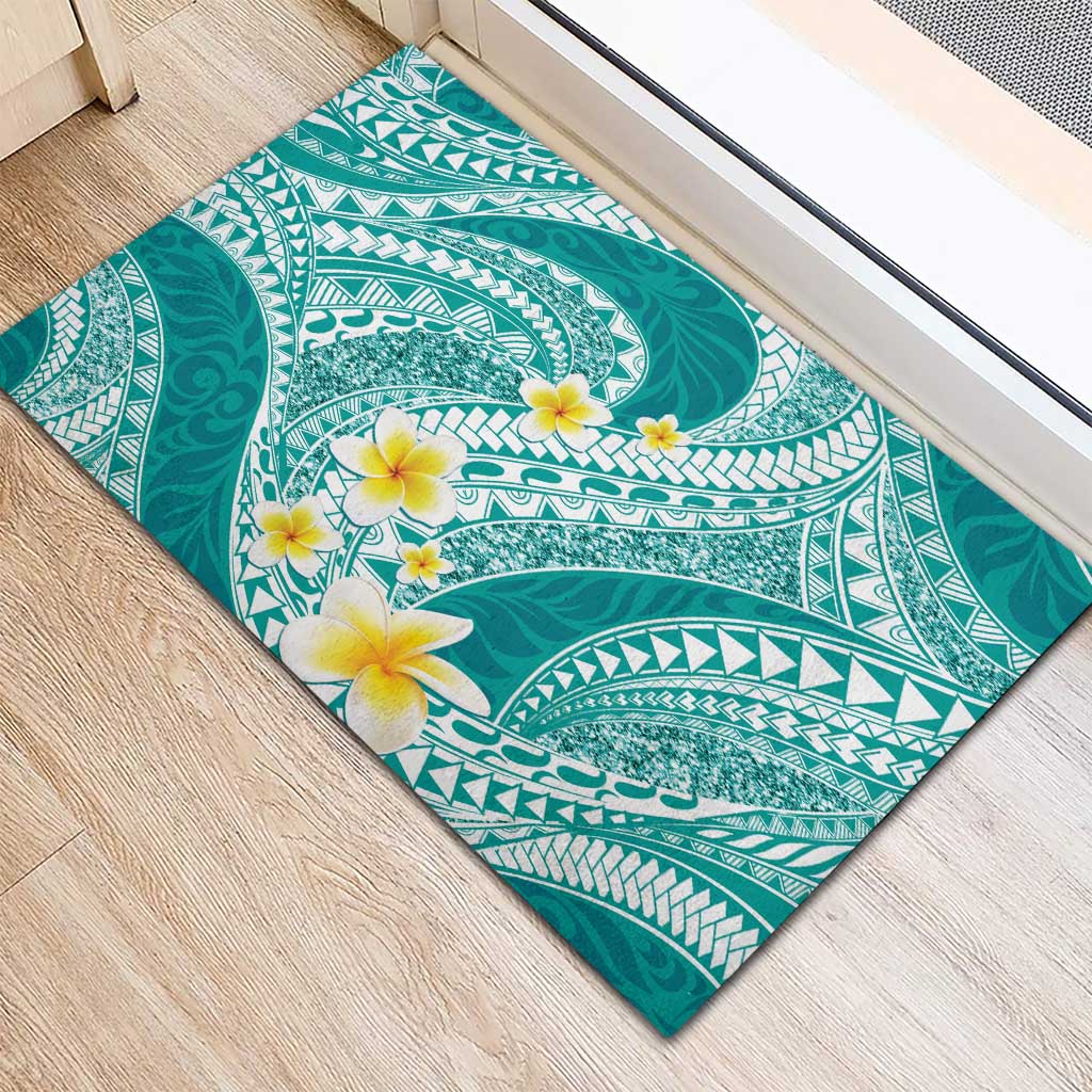 Plumeria Polynesian Teal Glitter Pattern Rubber Doormat LT01 - Polynesian Pride