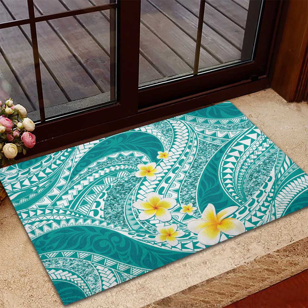 Plumeria Polynesian Teal Glitter Pattern Rubber Doormat LT01 - Polynesian Pride