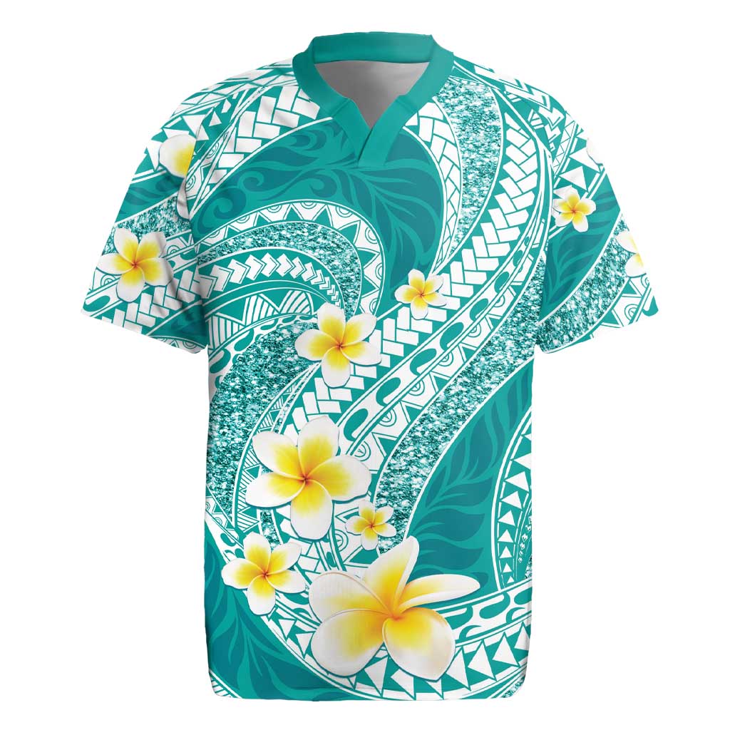 Plumeria Polynesian Teal Glitter Pattern Rugby Jersey