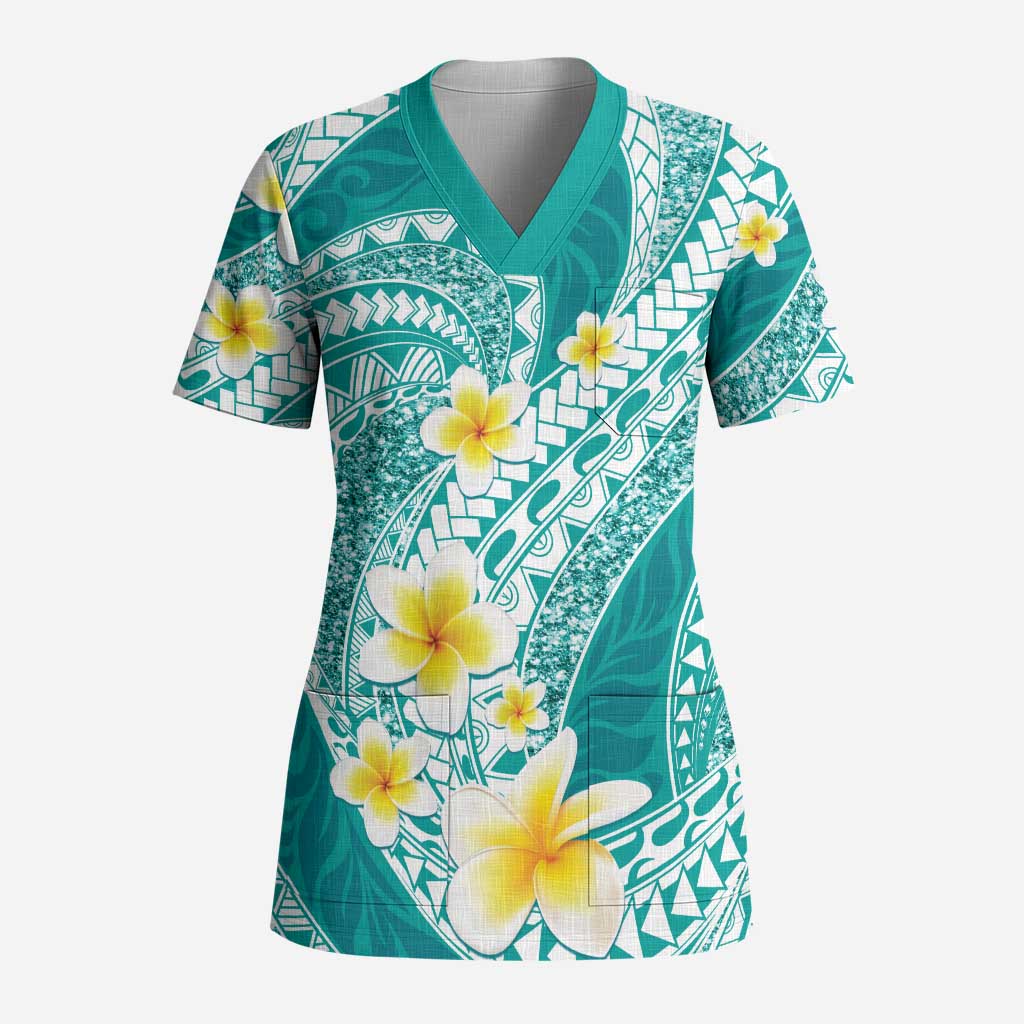 Plumeria Polynesian Teal Glitter Pattern Scrub Top - Polynesian Pride