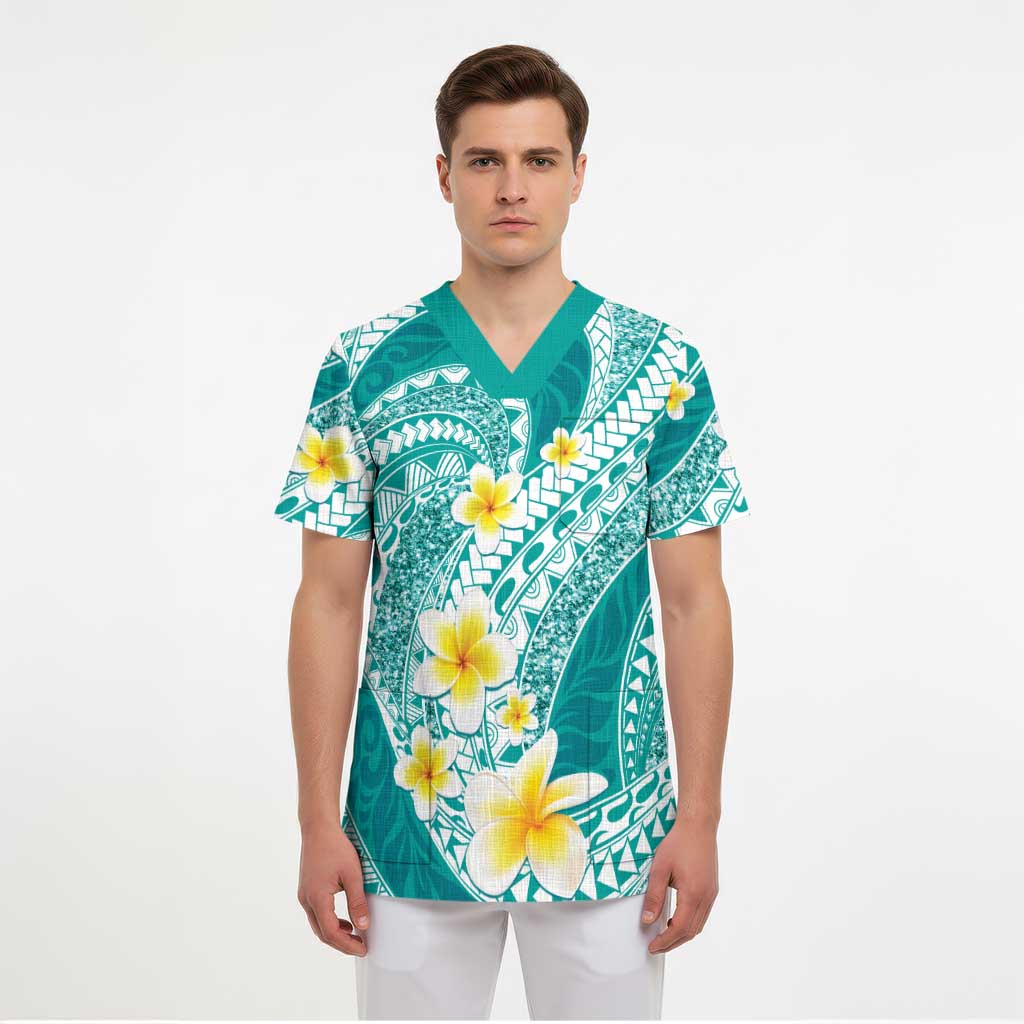 Plumeria Polynesian Teal Glitter Pattern Scrub Top - Polynesian Pride