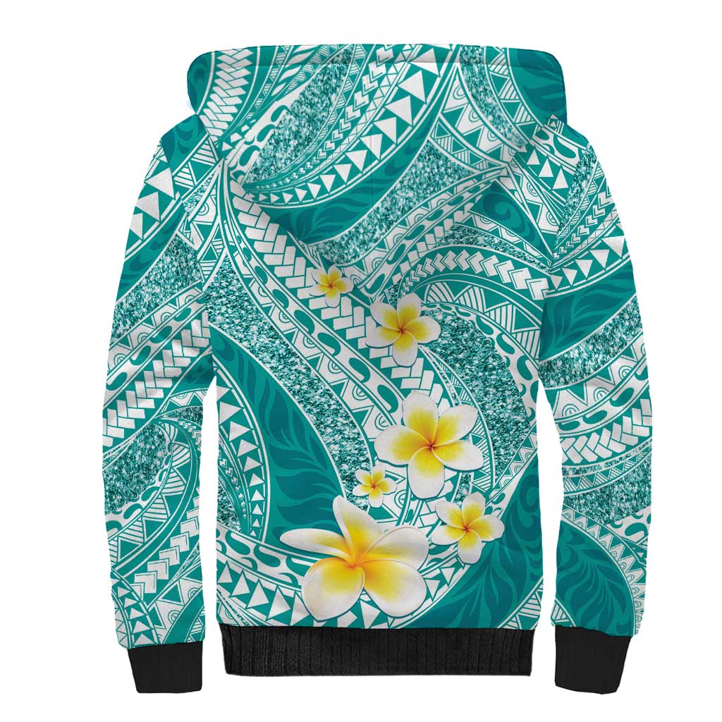 Plumeria Polynesian Teal Glitter Pattern Sherpa Hoodie