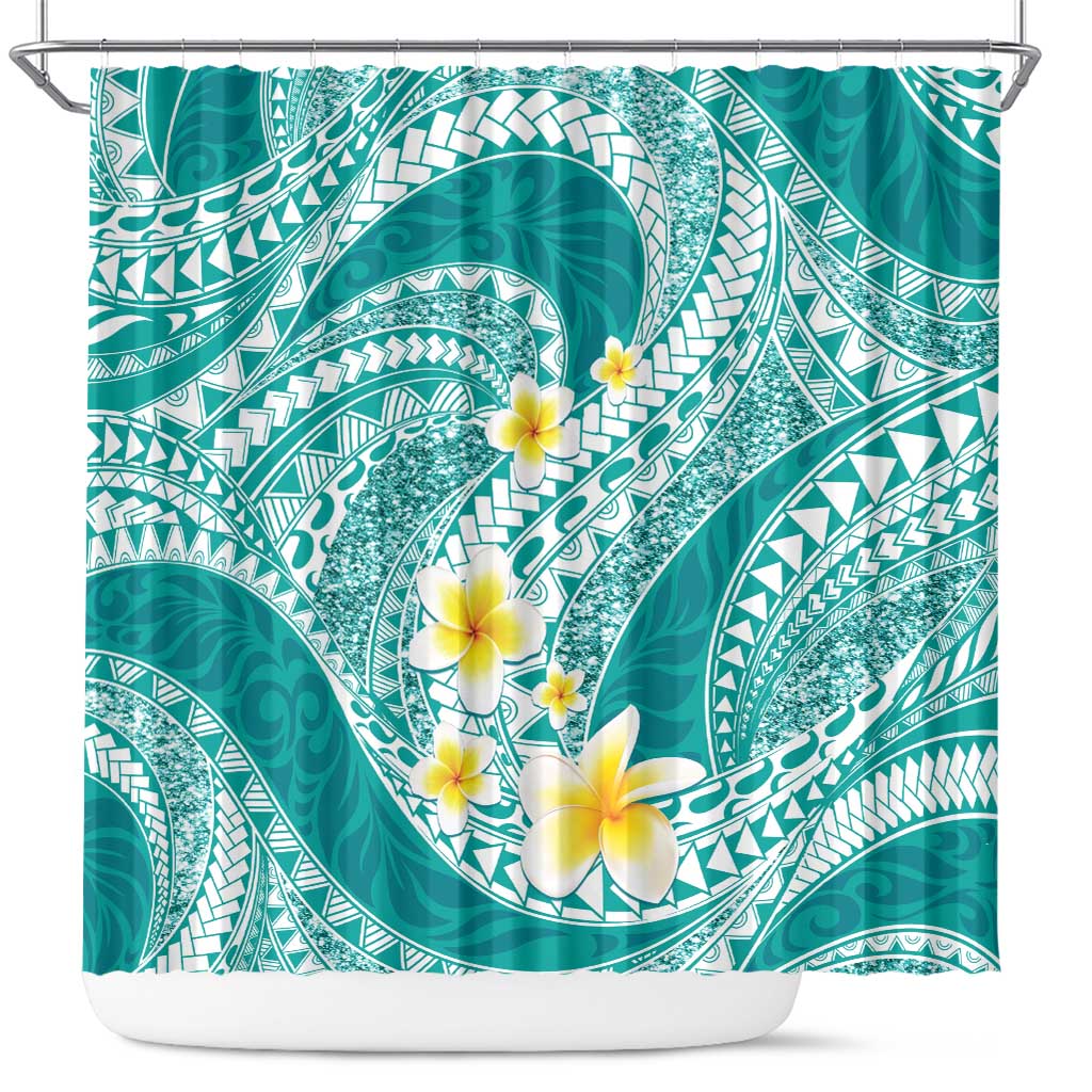 Plumeria Polynesian Teal Glitter Pattern Shower Curtain LT01 Teal - Polynesian Pride